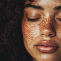 close up of person with curly hair and freckles, eyes closed in serene expression photo
