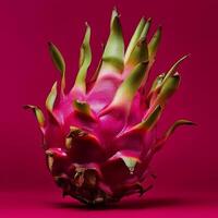 Vibrant dragon fruit with green scales on bold red background photo