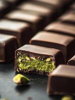 Rich chocolate pralines with pistachio filling arranged on dark surface photo