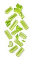 Fresh celery isolated on white background with soft shadow. Crisp and vibrant green celery stick full of vitamins and fiber for healthy eating, diet, and nutrition concepts photo