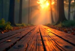 Wooden product display podium with blurred nature background photo