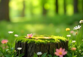 Wooden display podium for product on green grass blurred flower tropical forest plant nature background. photo