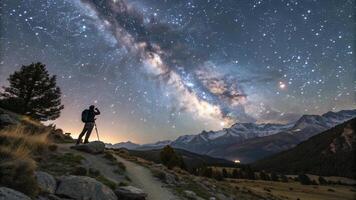 a man standing on a mountain with a camera and a milky in the background photo