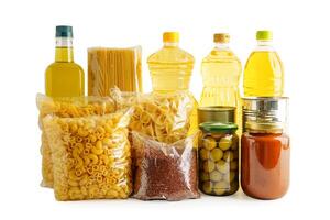 Foodstuffs in donation box isolated on white background with clipping path for volunteer to help p photo