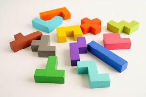 Logical thinking and problem solving problem solution creative business, wooden puzzle geometric b photo