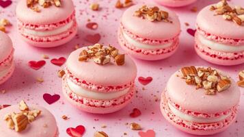 Valentine's Day macrons with red and pink cream, white chocolate filling, and hazelnuts on top. 7 photo