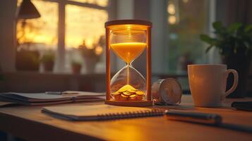 A sand-filled hourglasses with the sand flowing into the lower chamber transforms into gold coins. 15 photo