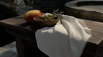 A wooden table with a white tablecloth and a small olive branch and a wooden bowl with olives. 6 photo