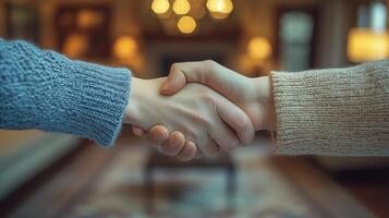 Close-up of two people shaking hands, with a living room background. 2 photo