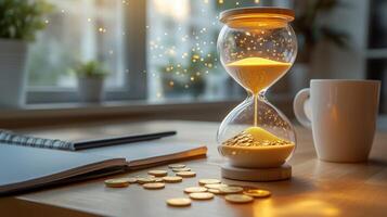 A sand-filled hourglasses with the sand flowing into the lower chamber transforms into gold coins. 14 photo