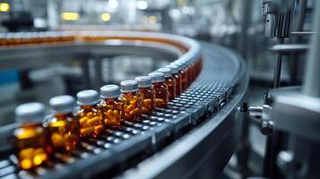 In a sterile, white factory, a conveyor belt carried vials, each filled with a medication. 3 photo