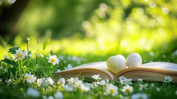 An open book with Easter eggs on the grass, flowers in the background. 16 photo