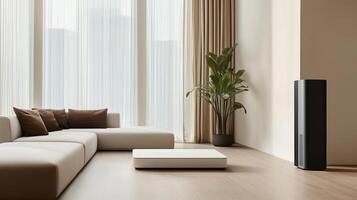 A minimalist modern living room with a beige walls, a beige sofa, and a black speaker. 5 photo