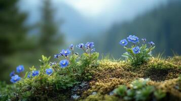 Beautiful closeup of flowers, moss and tree leaves on top of a hill. 16 photo