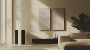A minimalist modern living room with a beige walls, a beige sofa, and a black speaker. 8 photo