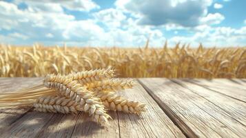 There are two golden wheat ears on the wooden floor, with a wheat field and blue sky. 9 photo