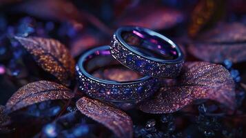A set of two luxurious rings with intricate details, resting on dark leaves. 8 photo