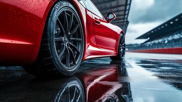 A red car is on the wet asphalt in front of an overcast sky and raindrops falling from above. 5 photo