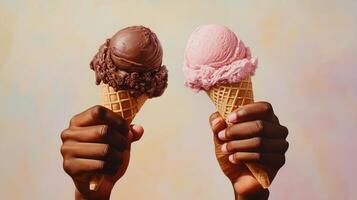 Two hands holding chocolate and strawberry ice cream cones. 6 photo