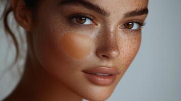 The model's face with liquid foundation to her cheek, with visible color swatches on her skin. 5 photo