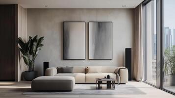 A minimalist modern living room with a beige walls, a beige sofa, and a black speaker. 7 photo