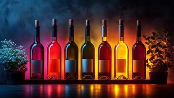 The silhouettes of wine bottle, stylish lighting with lots of colors. 4 photo