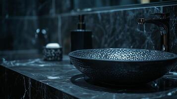 A black marble bathroom with a black textured sink and the beauty skin product. 7 photo