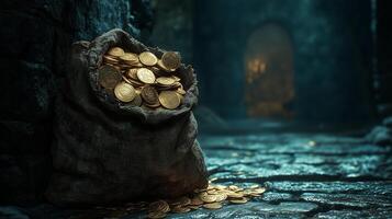A small brown bag full of gold coins is standing on a cracked stone floor in a dark castle. 1 photo