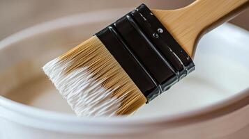 A paint brush with soft bristles and a fine texture is placed in a bucket. 1 photo