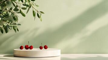 The pedestals of varying sizes and red cherry fruits with olive tree leaves are placed on the table. 6 photo