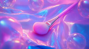 A makeup brush with large bubbles around it, against neon pink fabric. 10 photo