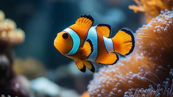 Nemo fish with bright orange color and striking black stripes, swimming in a colorful aquarium. photo