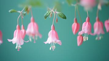 Small flowers gracefully hanging down in the center of the frame on a green background. 7 photo