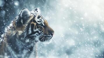 A tiger, in the midst of snow, with heavy snowfall. 13 photo