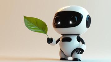3D rendering of a cute robot with a leaf, isolated on a pastel background. 6 photo