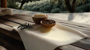 A wooden table with a white tablecloth and a small olive branch and a wooden bowl with olives. 3 photo