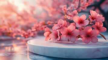 A round podium with pink sakura flowers on it, a blurred background with blooming cherry. 14 photo