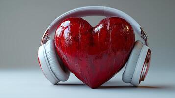A red heart with white headphones on a white background. 11 photo
