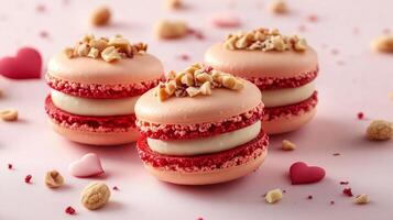 Valentine's Day macrons with red and pink cream, white chocolate filling, and hazelnuts on top. 9 photo