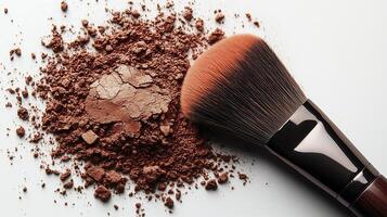 Makeup powder in a brown color with a brush on a white background. 3 photo