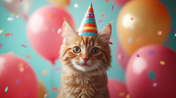 Happy cat wearing a colorful party hat surrounded by balloons and confetti. photo