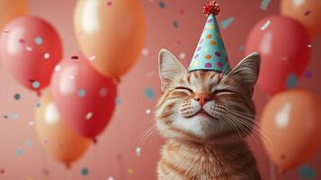 Happy cat wearing a colorful party hat surrounded by balloons and confetti. 4 photo