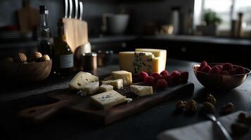 A kitchen with a board of different cheeses cut into small squares and triangles. 2 photo