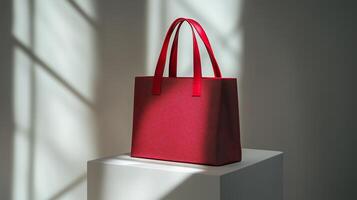 A red reusable cotton shopping bag with red handles sits on a white plinth in a white studio space. 6 photo