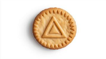 Circular cookie with the triangle simple icon on it, isolated on solid white background. 14 photo