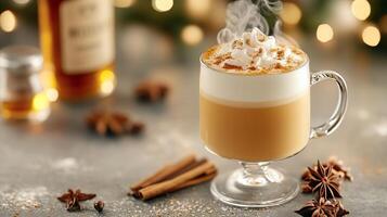 Glass with a handle on a stem with a lamina of white airy foam sprinkled with spices on top. 16 photo