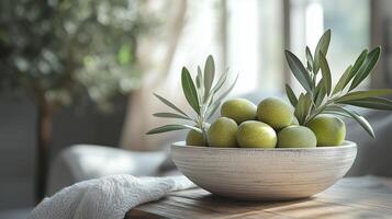 Close-up of a table and a bowl with olives in a living room. 6 photo