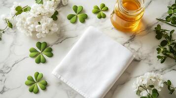 A blank white towel laying with a golden honey jar and clovers lying around it. 14 photo