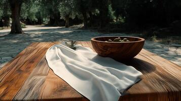 A wooden table with a white tablecloth and a small olive branch and a wooden bowl with olives. 5 photo