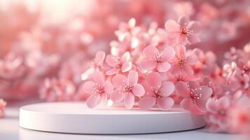 A round podium with pink sakura flowers on it, a blurred background with blooming cherry. 15 photo